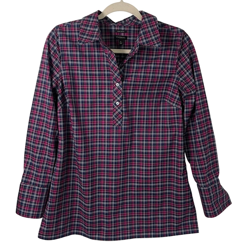 Talbots Popover Shirt Size 6 Black Purple Plaid Wrinkle Resistant Preppy Classic